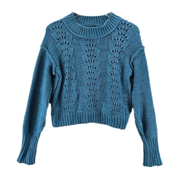 Free People Sweater Womens XS Bell Song Cropped Turqoise Blue Chunky Knit Boho - Picture 2 of 11